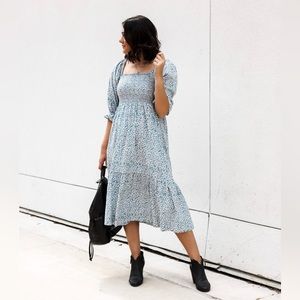 Madewell Lucie Elbow-Sleeve Smocked Midi Dress in Sunflower Field - Size L